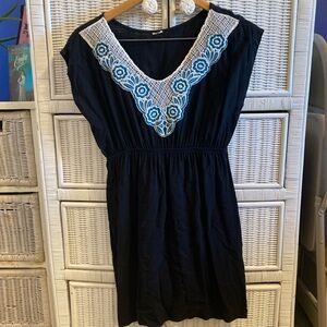 Elegant Black Dress with Blue and White Embroidery